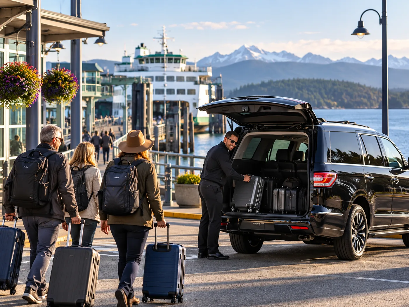 Ferry travel and ground transportation connection in Anacortes, Washington